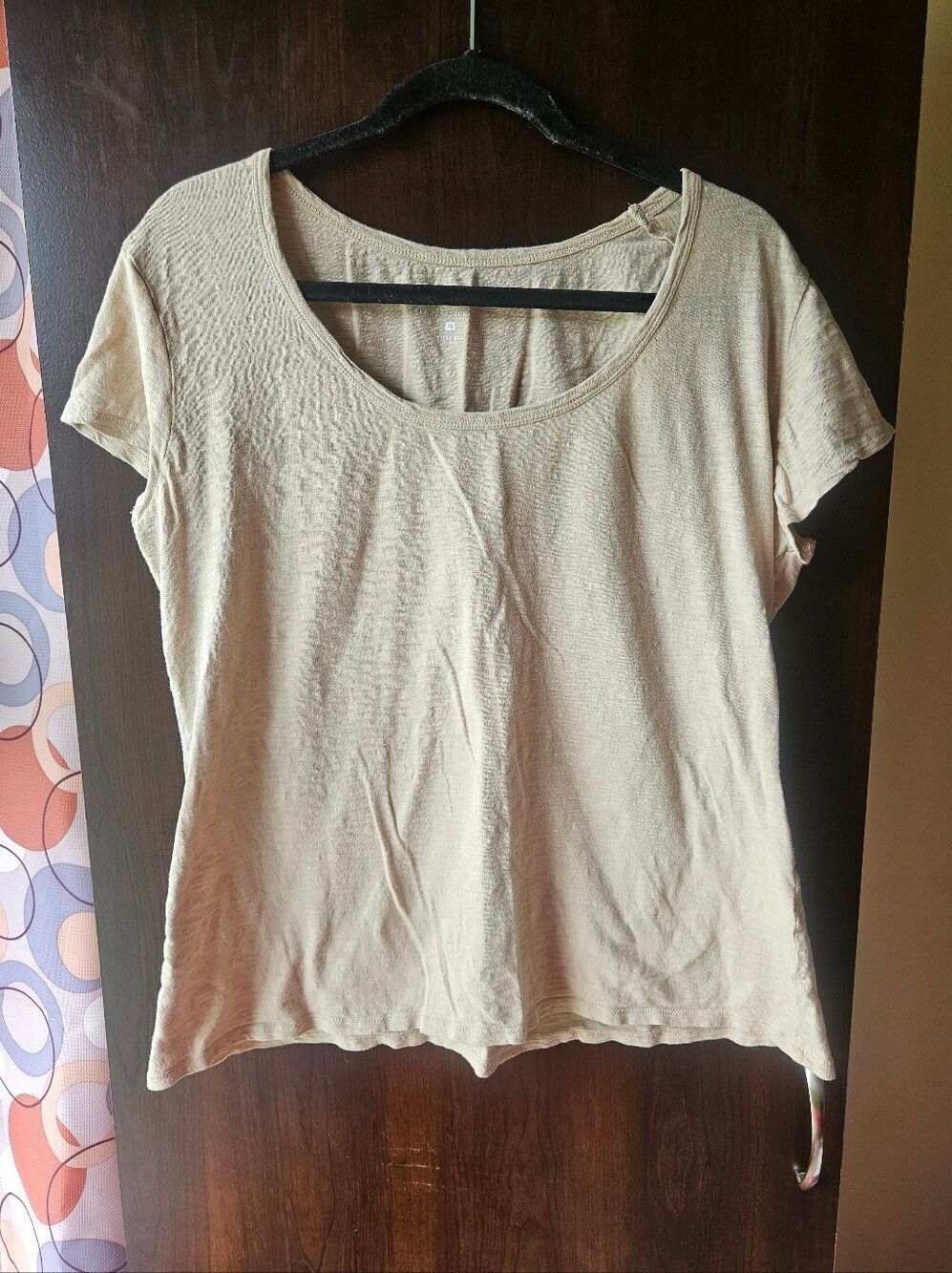 New York & Company Light Beige Scoop Neck Short Sleeve Top Size XL